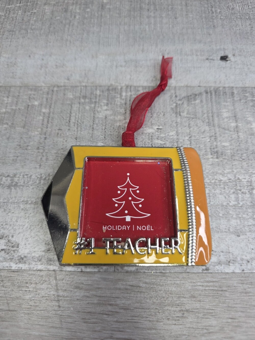 Christmas Tree Ornament Enamel Metal #1 TEACHER Pencil Photo Picture Frame 127c4